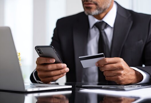 Close-up of a man in a suit holding a phone and credit card, likely making an online purchase