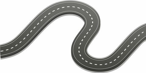 Winding Asphalt Road with White Dashed Lines on White Background