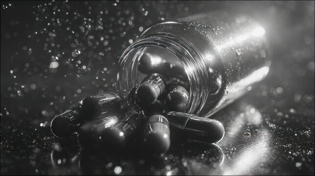Capsules spill from a glass jar, glistening in a dramatic, moody black and white