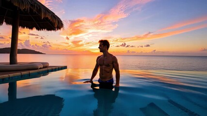 Silhouetted man enjoys serene tropical sunset from luxury infinity pool overlooking the ocean on a peaceful island getaway