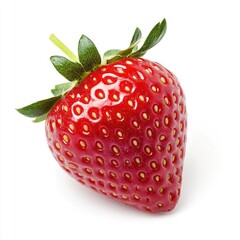 Single ripe strawberry, vibrant red, dotted surface, green leaves, isolated white background