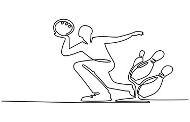one line drawing of bowling ball with spiral pattern rolling toward five pins in continuous line style