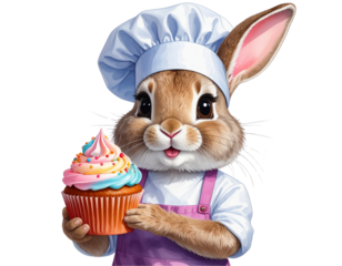 PNG Whimsical Bunny Baker with Cupcake Spring Dessert Illustration