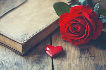 An antique book a radiant red rose and a tiny heart evoke memories of love and treasured stories on aged wooden planks