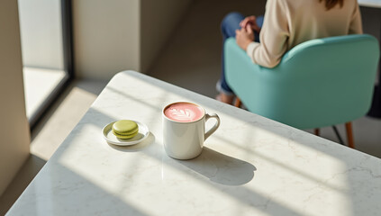 Latte art pink coffee green macaron white cup marble table sunlight modern cafe relaxed morning woman sitting. peaceful morning scene modern cafe with sunlight streaming featuring pink latte with