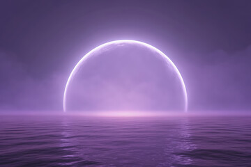 Enigmatic orb emits ethereal lilac glow, reflecting upon the calm ocean waters under dim light