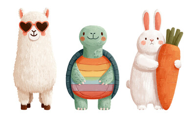Obraz premium Cute Cartoon Animals on Transparent Background Featuring a Llama, Turtle, and Bunny