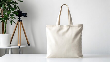 Plain off white canvas tote bag with handles displayed on a white surface next to a potted plant and camera on tripod