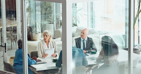 Business, people and meeting with document in office for finance pitch, investment request or...