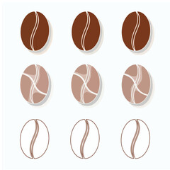 Fototapeta premium Coffee Bean Icon Set – 3x3 Grid of Brown, Light Brown, and Outline Styles for Cafe Branding and Packaging Design