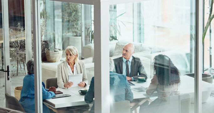 Business, people and meeting with document in office for finance pitch, investment request or above. Stakeholder, team and paperwork in boardroom for funding negotiation, budget proposal and feedback