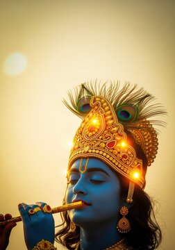 Lord krishna, the hindu deity, playing his divine flute, adorned in a golden crown with peacock feathers