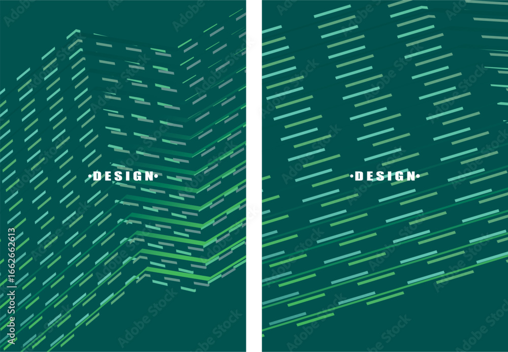 Poster a set of abstract vector green backgrounds with a dynamic flowing wave pattern consisting of many mu