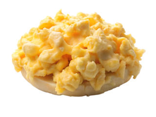 Scrambled egg on bun isolated on transparent background, a classic breakfast dish made with eggs, butter, and cheese, served on a toasted bun