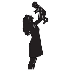 Black Silhouette of Mother Holding Baby Vector on White Background