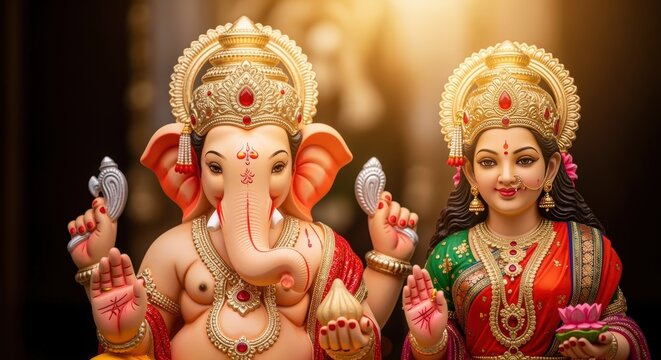 Ganesha and goddess lakshmi idols, symbols of prosperity, wisdom, and success in hinduism - Powered by Adobe