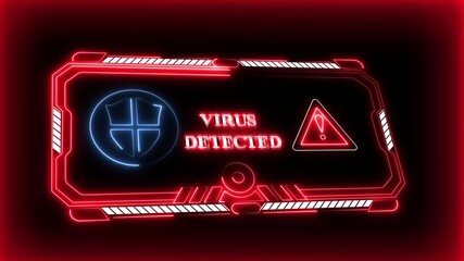Virus detected warning alert on futuristic digital interface with glowing neon shield and danger icon, cybersecurity threat notification, malware attack alert, computer security breach protection - Powered by Adobe