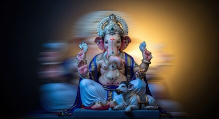 Lord ganesha, the hindu god with an elephant head, seated in a devotional pose with his vahana, the mouse