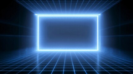 A vibrant, futuristic interior space features a glowing blue rectangle framed by a gridded floor and walls.
