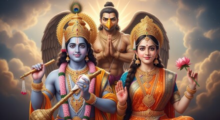 Fototapeta premium Lord krishna, goddess lakshmi, and garuda in a divine celestial setting, representing hindu spirituality and mythology