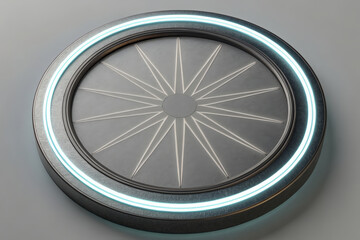 Fototapeta premium Illuminated silver circle has starburst pattern and futuristic blue neon glow on plain background