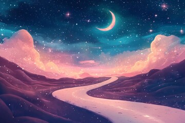 A serene journey under the starry crescent moon walking a magical path filled with dreamy clouds with soft pastel colors