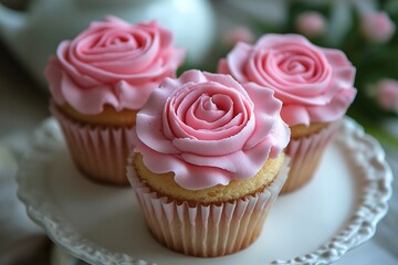 Delectable cupcakes adorned with delicate pink rose frosting evoking sweet celebrations with soft focus and a shallow
