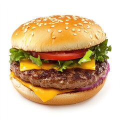 Close-up of a classic cheeseburger on a white background.  Freshly-made, juicy patty topped with melted cheese, lettuce, tomato, and red onion, between sesame seed bun