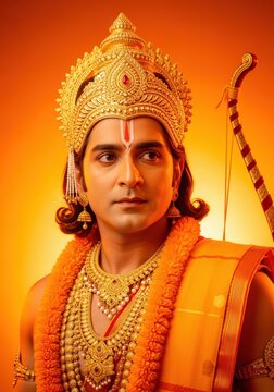 Lord ram, the hindu deity, depicted in traditional attire with a crown, jewelry, and holding a bow and arrow