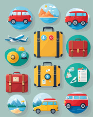 A colorful collection of flat design travel icons featuring luggage, vehicles, an airplane, and scenic landscapes for vacation planning.