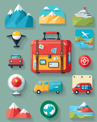 A vibrant collection of flat design icons representing various aspects of travel and adventure, including transportation, luggage, and scenic destinations.