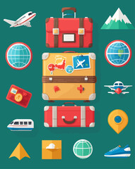 Travel themed flat vector icons and illustrations with suitcases, airplane, and globe.