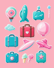A cute collection of pastel-colored travel stickers featuring luggage, airplanes, a camera, and treats on a pink background.