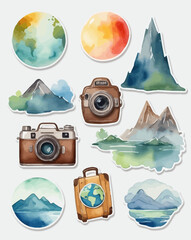 A watercolor collection of travel-themed stickers featuring globes, mountains, cameras, and luggage, evoking a sense of adventure and exploration.