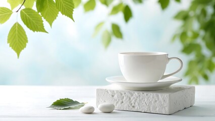 White ceramic teacup and saucer on textured stone with green leaves and soft blue background image
