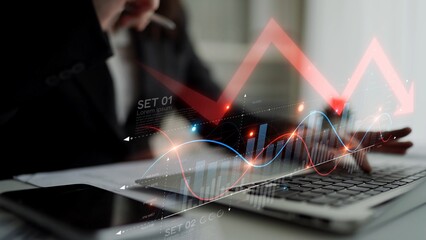 Economic caution visualized with fluctuating market graph, alert symbols, and negative data trends....