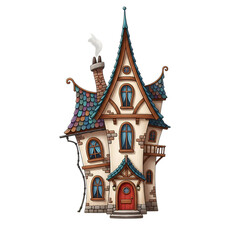 Illustration of whimsical illustration of a charming, oldfashioned fantasy house with a colorful, ornate roof, a smoking chimney, and arched windows, isolated on transparent background