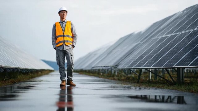 Energy Guardian: A diligent engineer in protective gear strides confidently past rows of solar panels, symbolizing the forward momentum of renewable energy