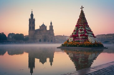 Fototapeta premium Basilica del Pilar Sunrise with Floral Offering Pyramid 