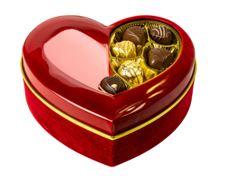 PNG Red Velvet Heart Box of Luxury Chocolates Romantic Gift Design against Transparent Background