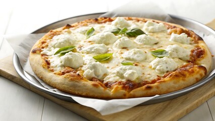 Whole Margherita pizza with fresh mozzarella and basil on a metal tray cheese