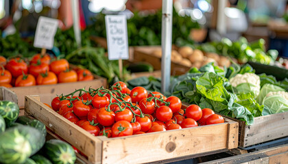 the image shows a produce stand filled with fresh vegetables. several wooden crates are packed with ripe red vegetables and green vegetables