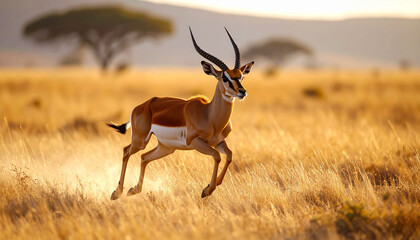 Naklejka premium a gazelle is captured mid run in a grassy field with tall, dry grass under a clear sky. the animal's body is streamlined and its head turned to the side as it races across the terrain.