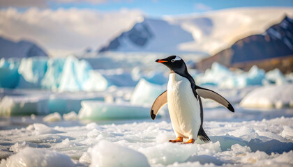 Fototapeta premium a penguin standing amidst a frosty, icy landscape that appears to be a glacier covered landmass, likely antarctica, given the stark white and blue environment indicative of such locations.