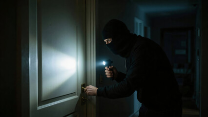 Intruder at Door: In a dimly lit hallway, a figure shrouded in shadow, wearing a balaclava, stealthily attempts to breach a door using a flashlight. It evokes a sense of apprehension, mystery.