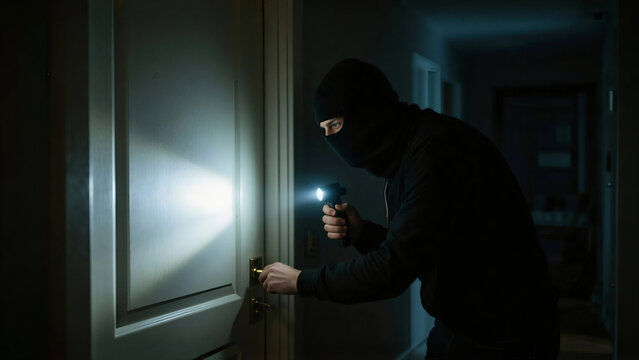 Intruder at Door: In a dimly lit hallway, a figure shrouded in shadow, wearing a balaclava, stealthily attempts to breach a door using a flashlight. It evokes a sense of apprehension, mystery.