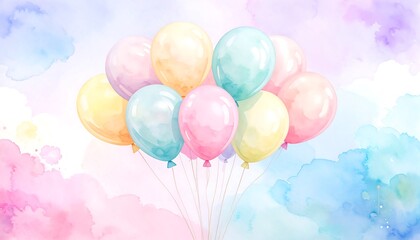 Pastel balloons against a watercolor sky