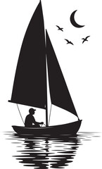 Peaceful Sailboat Silhouette Man Sailing at Night with Moon and Birds Vector Graphic