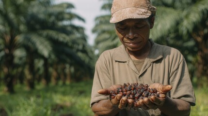 Laborer collecting ripe palm fruits under tropical sunlight