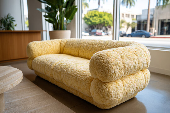 stylish ultrabright sofa with textured upholstery stands out against clean monochromatic background